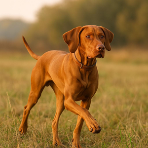 Russet-coated pointer trotting softly through golden grassland.