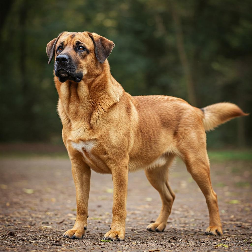 A sturdy honey-colored Broholmer stands in a field, with an alert gaze and slightly lowered ears.