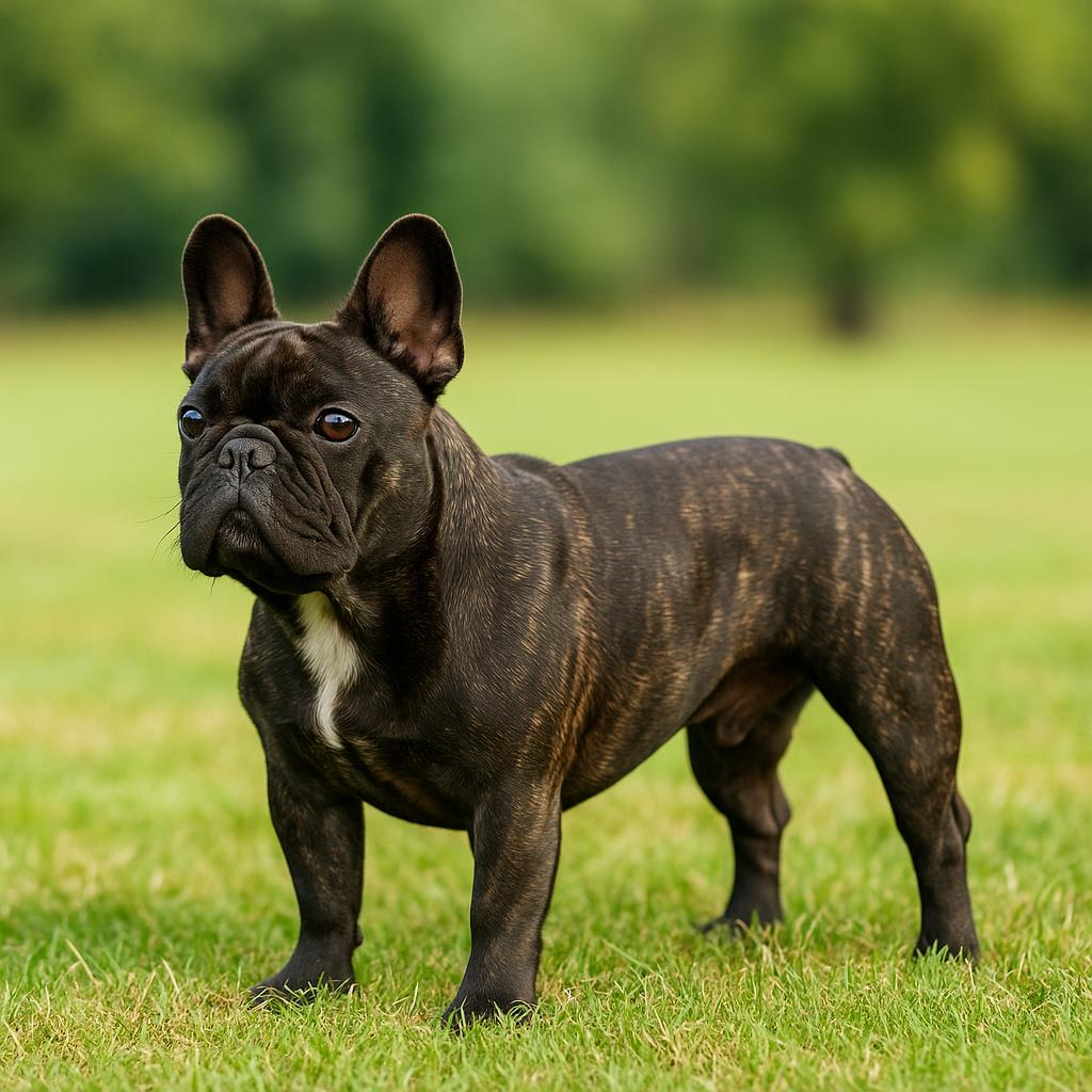 Brindle companion standing alert in a grassy field.