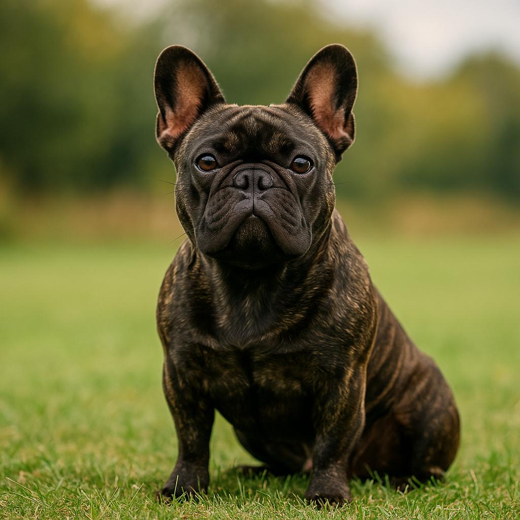 Brindle bulldog seated calmly in open green field.