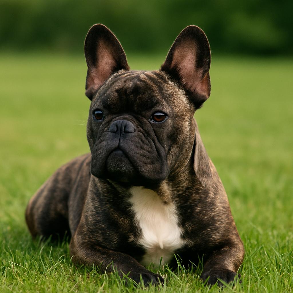 Brindle Frenchie lying down alertly in green grass.