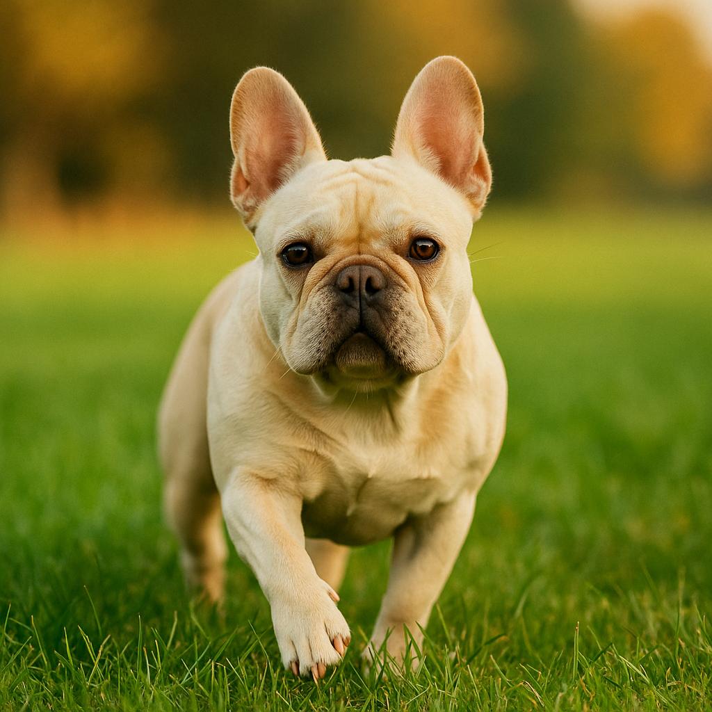 Cream Frenchie trotting confidently across sunlit grass.