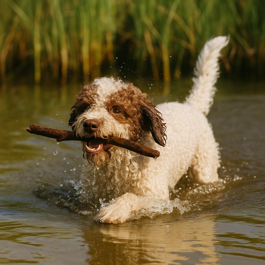 Lagotto Romagnolo retrieves water stick joyfully.