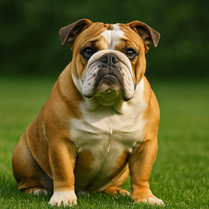A stocky companion with a creased muzzle sits grounded in a sea of green; its solid frame and furrowed brow held still beneath mellow skies, as twilight hues trace the contours of its calm stare.