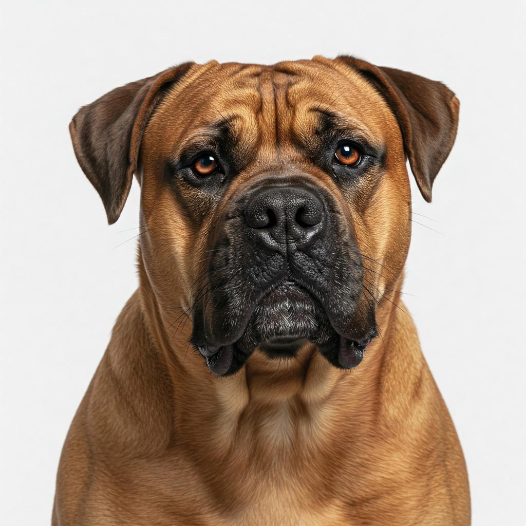 A close-up portrait of a Bullmastiff dog with a serious expression.