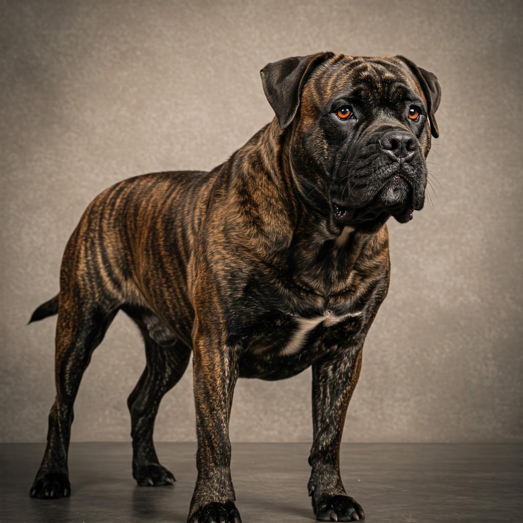 A brindle-colored Bullmastiff standing alertly in a studio setting.