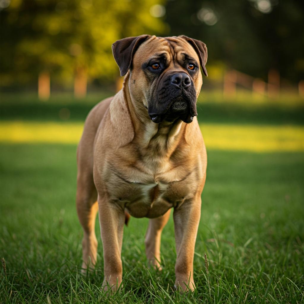 A fawn-colored Bullmastiff standing in a grassy field, looking to the side.