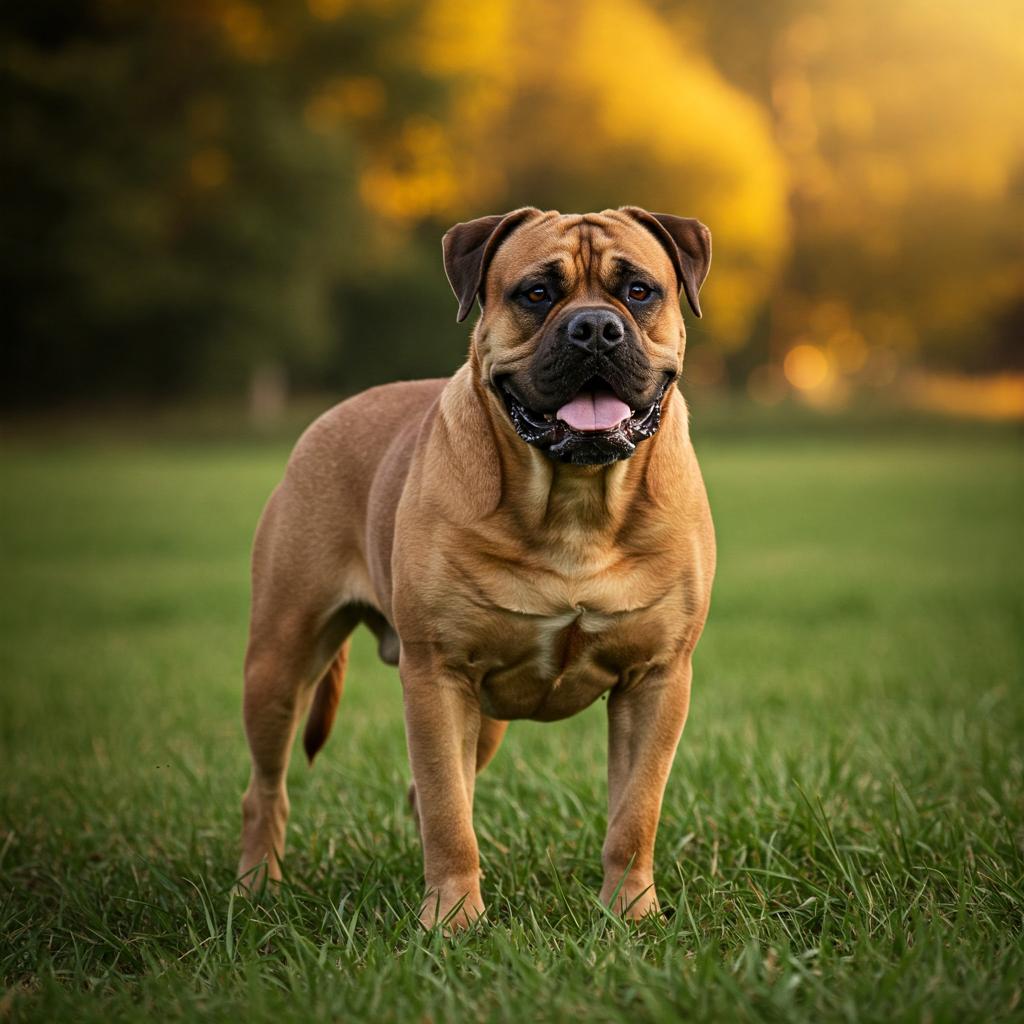 A happy Bullmastiff with its tongue out, standing in a sunny field.