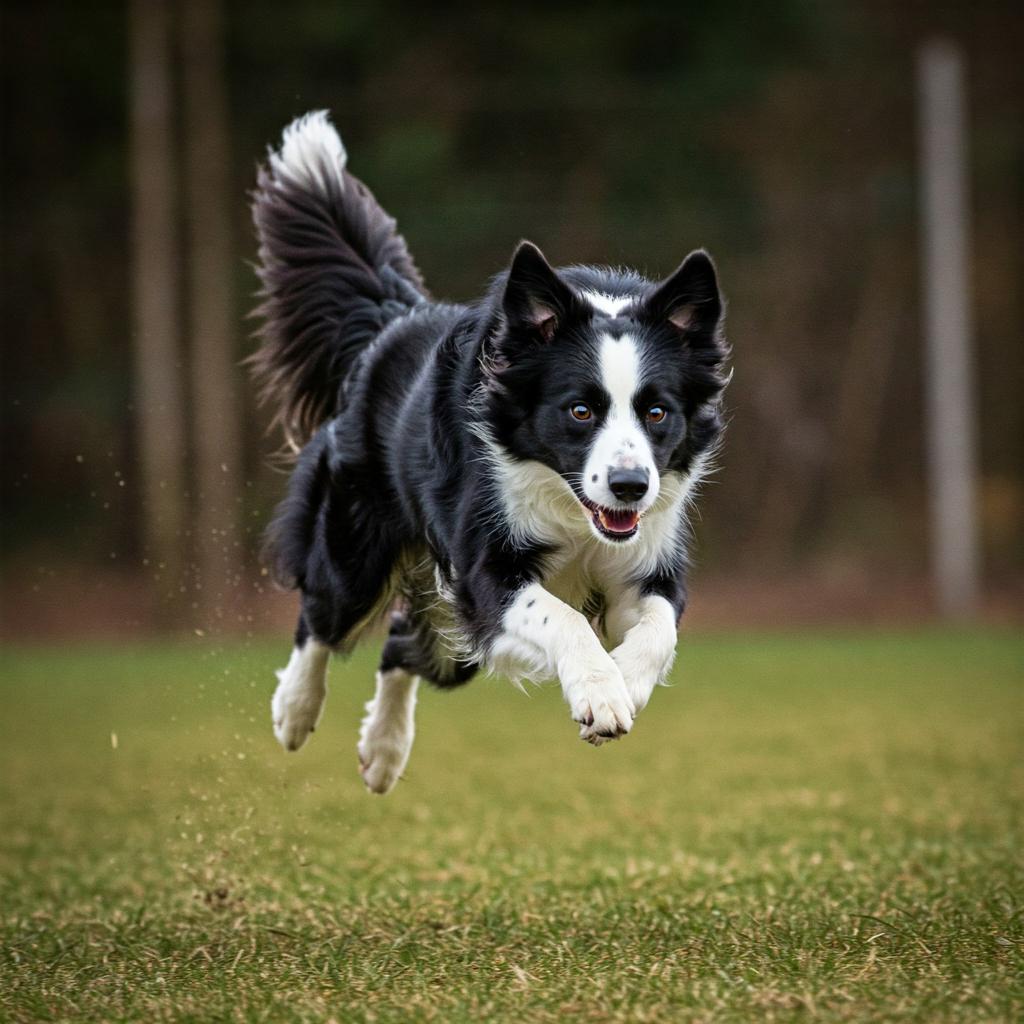 A dynamic black and white Border Collie is captured mid-jump, showcasing its agility and energetic nature.