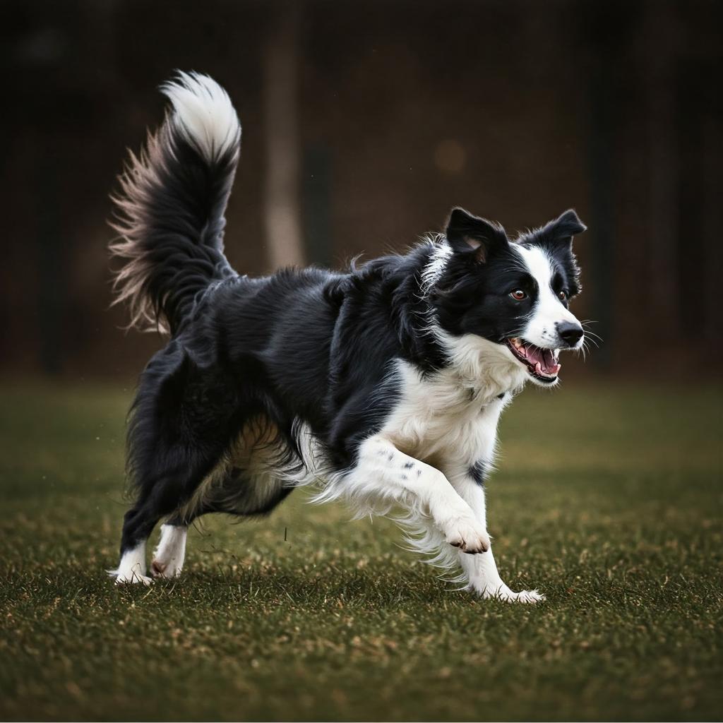 An intelligent Border Collie with a focused gaze is seen mid-stride, embodying its active and driven temperament.