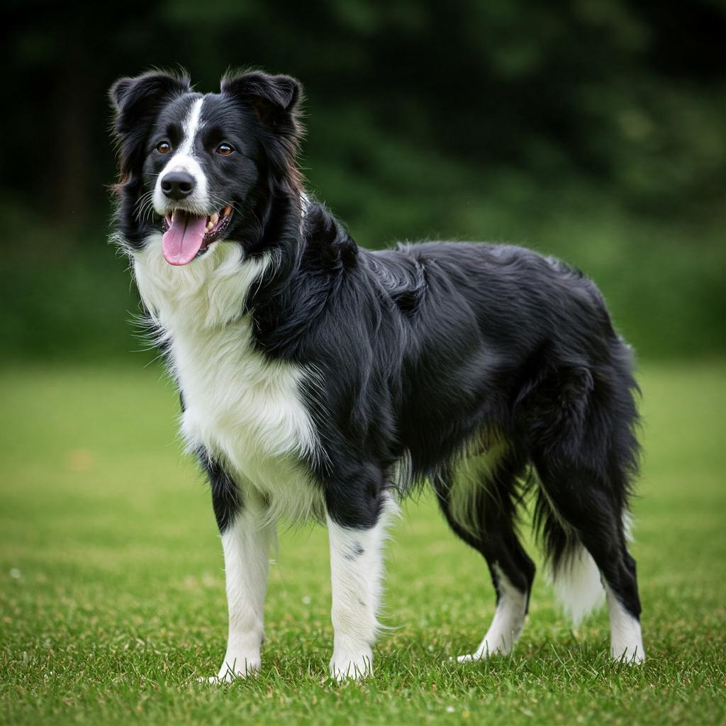 A healthy and vibrant Border Collie stands proudly on a grassy field, its glossy coat and energetic tail reflecting its excellent condition.