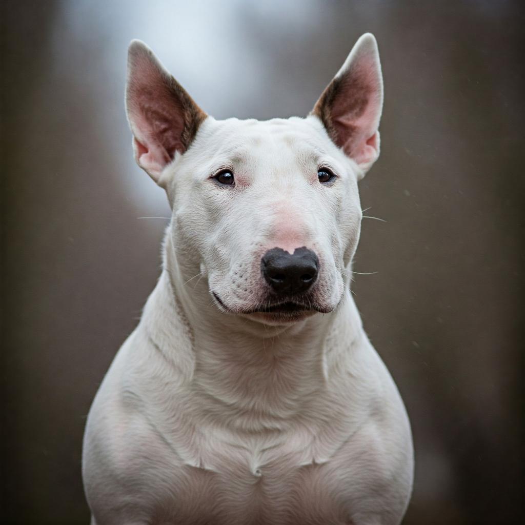 A white Bull Terrier with a distinctive egg-shaped head lies down on a wooden floor, looking directly forward with a calm expression.