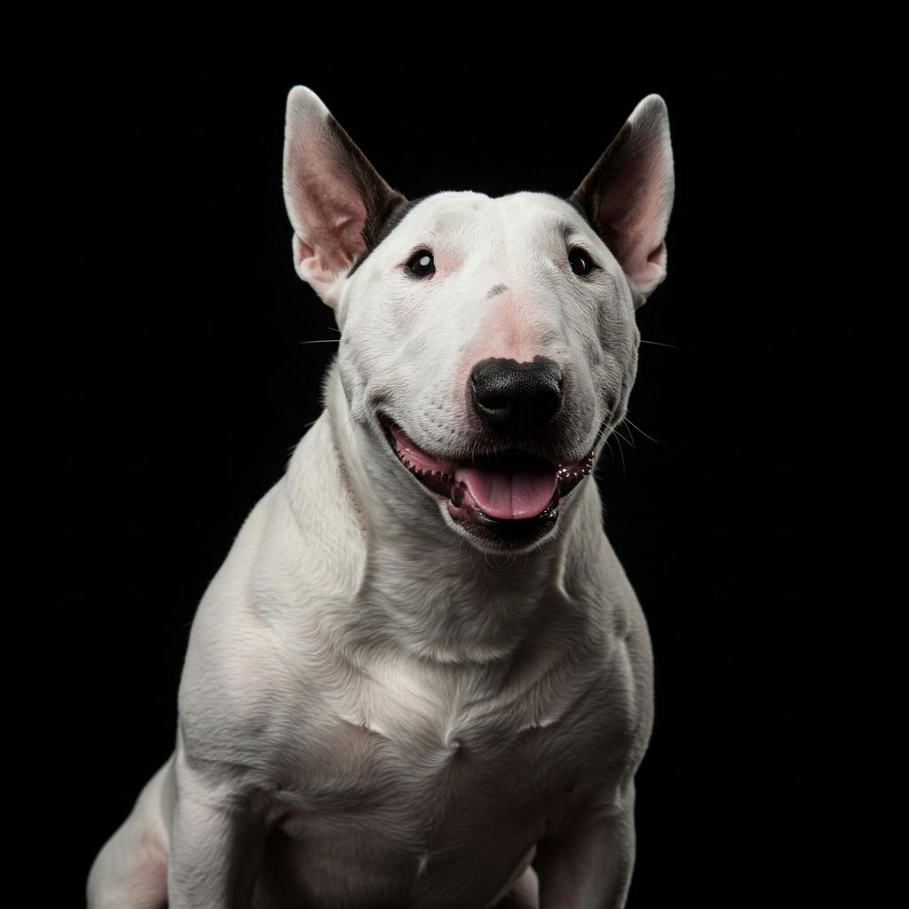 A close-up portrait of a Bull Terrier, emphasizing its unique facial structure and pointed ears against a dark brown background.