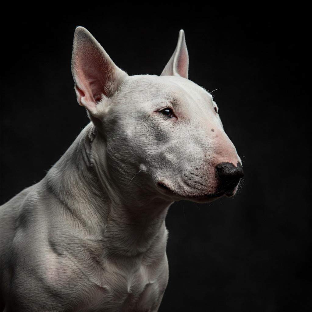 A Bull Terrier with a smooth white coat lies on a polished wooden surface, its characteristic head shape and dark nose are clearly visible.