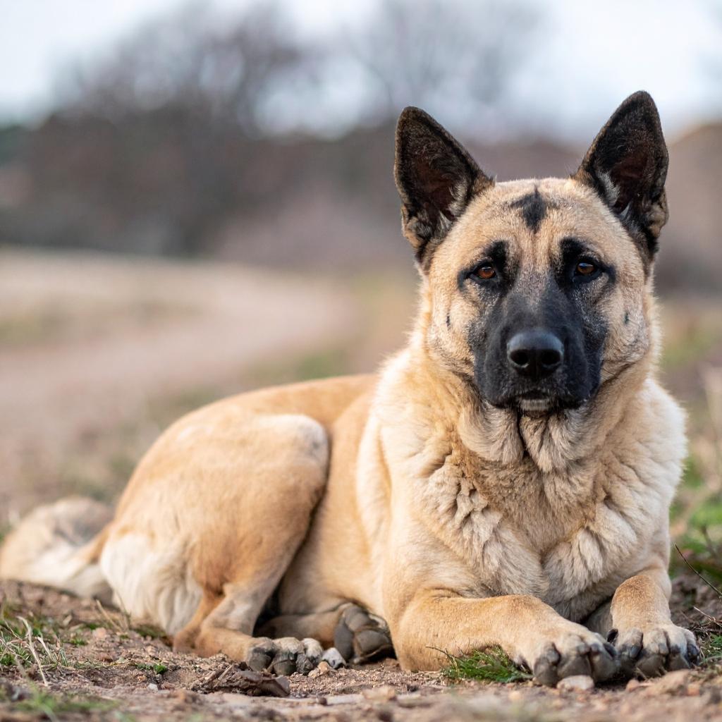 A medium-sized Canaan Dog with a sandy coat and erect ears, standing alertly in a natural, rocky environment.