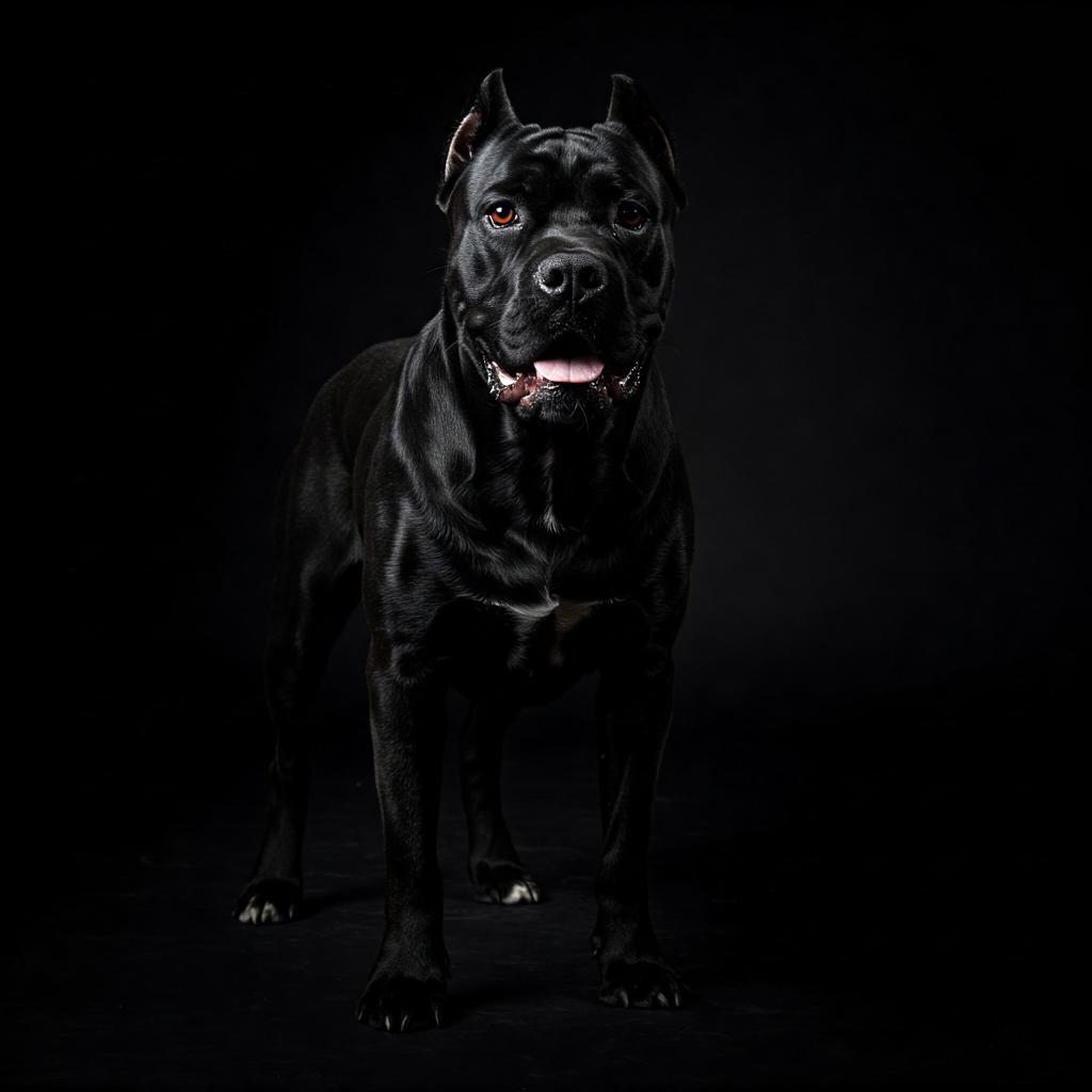 A striking black Cane Corso with cropped ears, looking directly at the camera against a dark background.