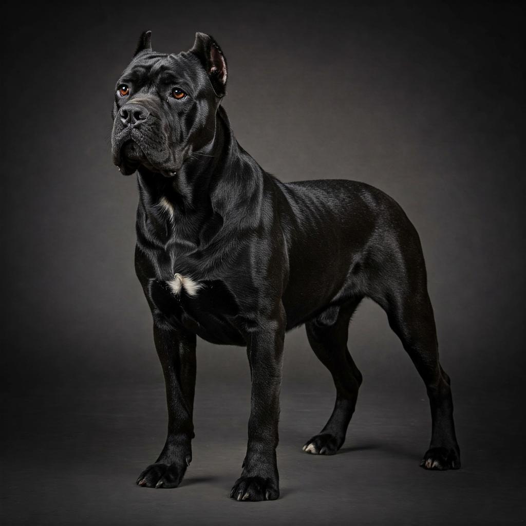 A Cane Corso with a silver chain collar, lying down on green grass with a soft, blurred background.