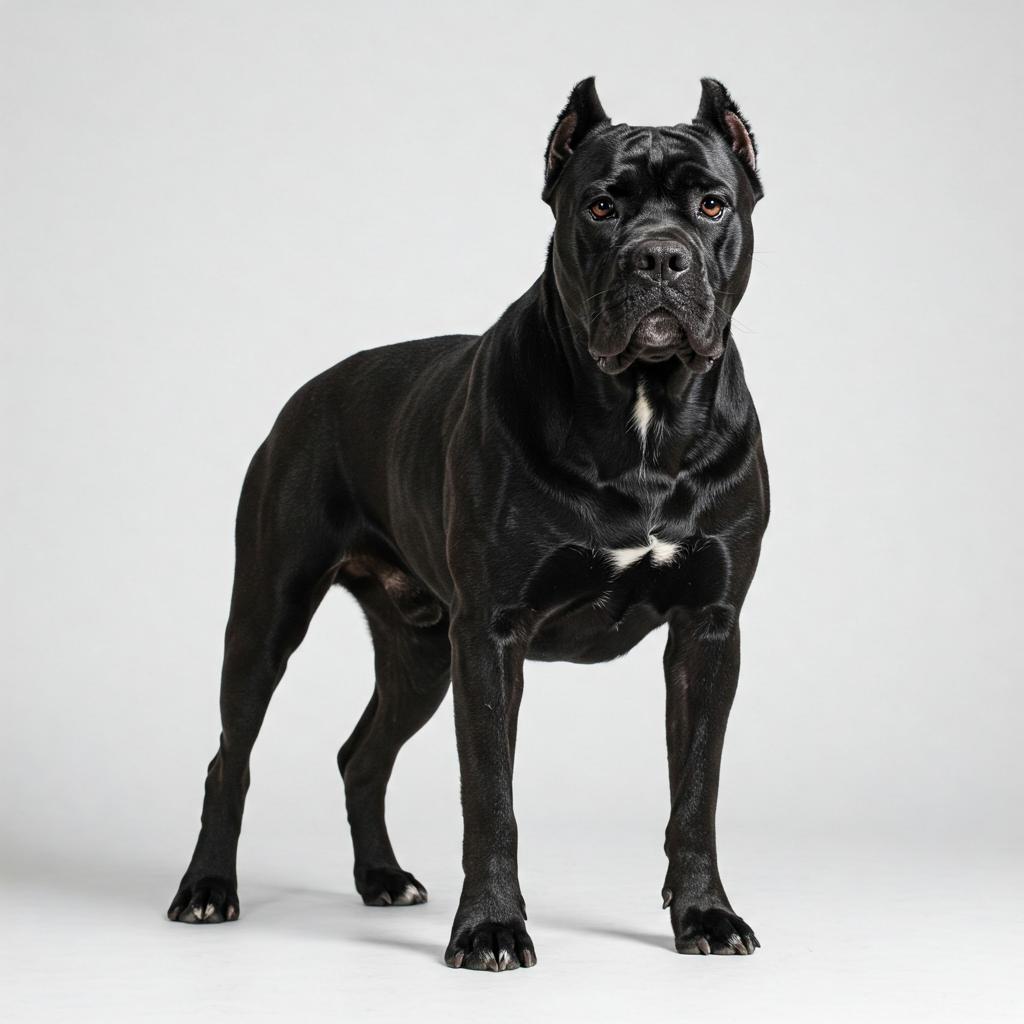 A powerful black Cane Corso standing on a white background, showcasing its muscular build.