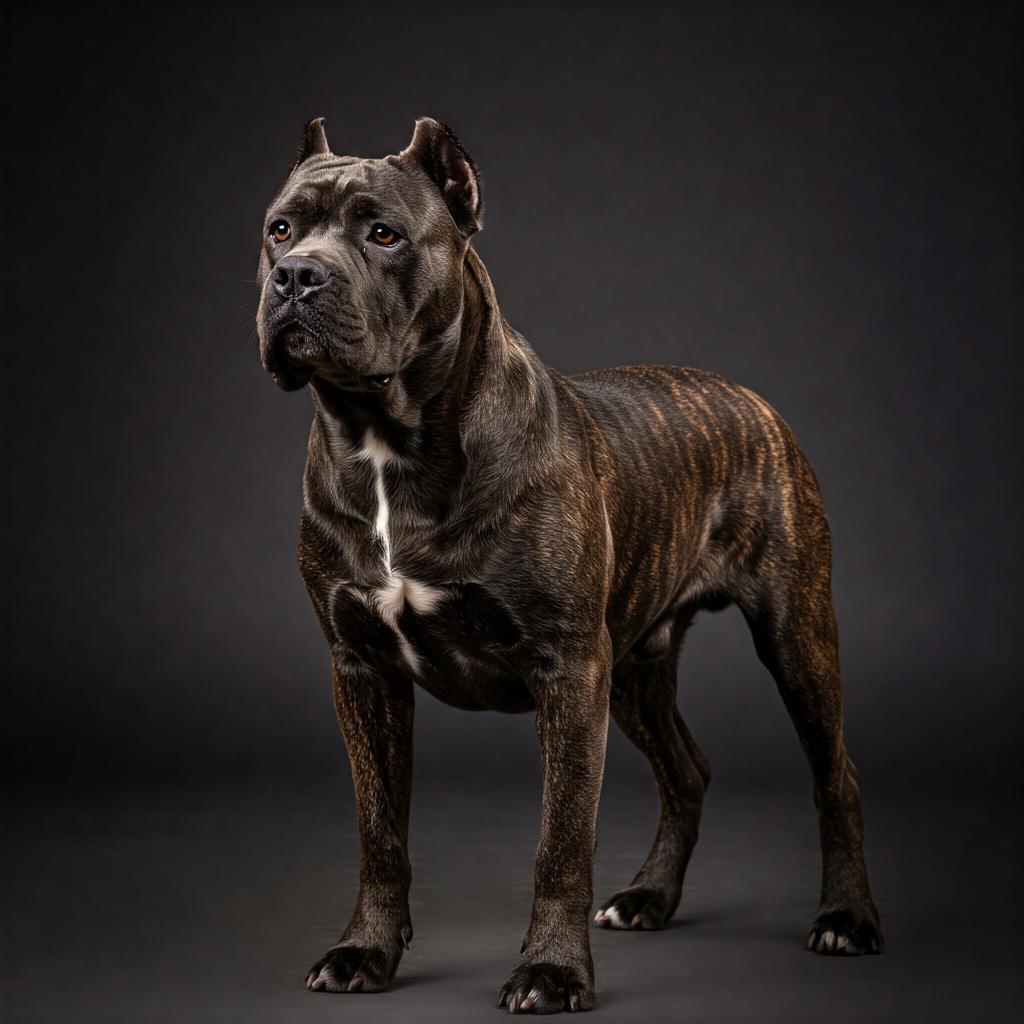 A close-up portrait of a black Cane Corso with intense amber eyes and a serious expression.