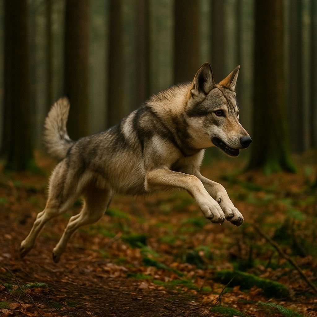 Saarloos Wolfdog leaps forest floor