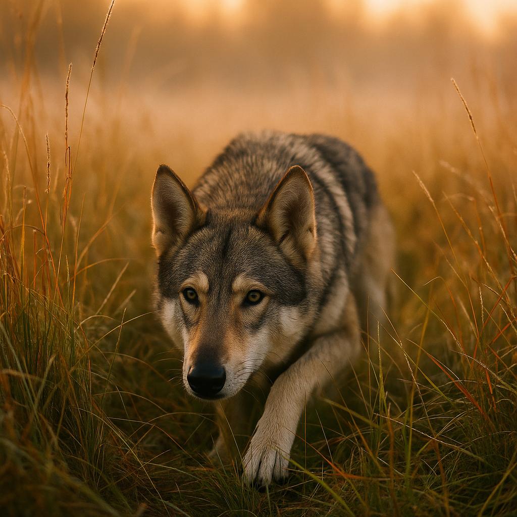 Saarloos Wolfdog crouches in grass