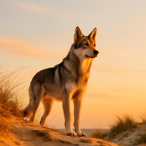 Saarloos Wolfdog atop dune glow