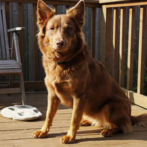 A well-cared-for Australian Kelpie Shepherd with a shiny, reddish-brown coat sits calmly on a clean wooden porch. A tidy dog bed with a folded blanket, a clean stainless steel water bowl, and a chew bone are nearby, suggesting attentive care in a clean environment. The dog has clean, erect ears, serene yet attentive eyes, and trimmed nails.