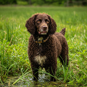 The photograph showcases the distinctive features of an American Water Spaniel in its natural habitat.