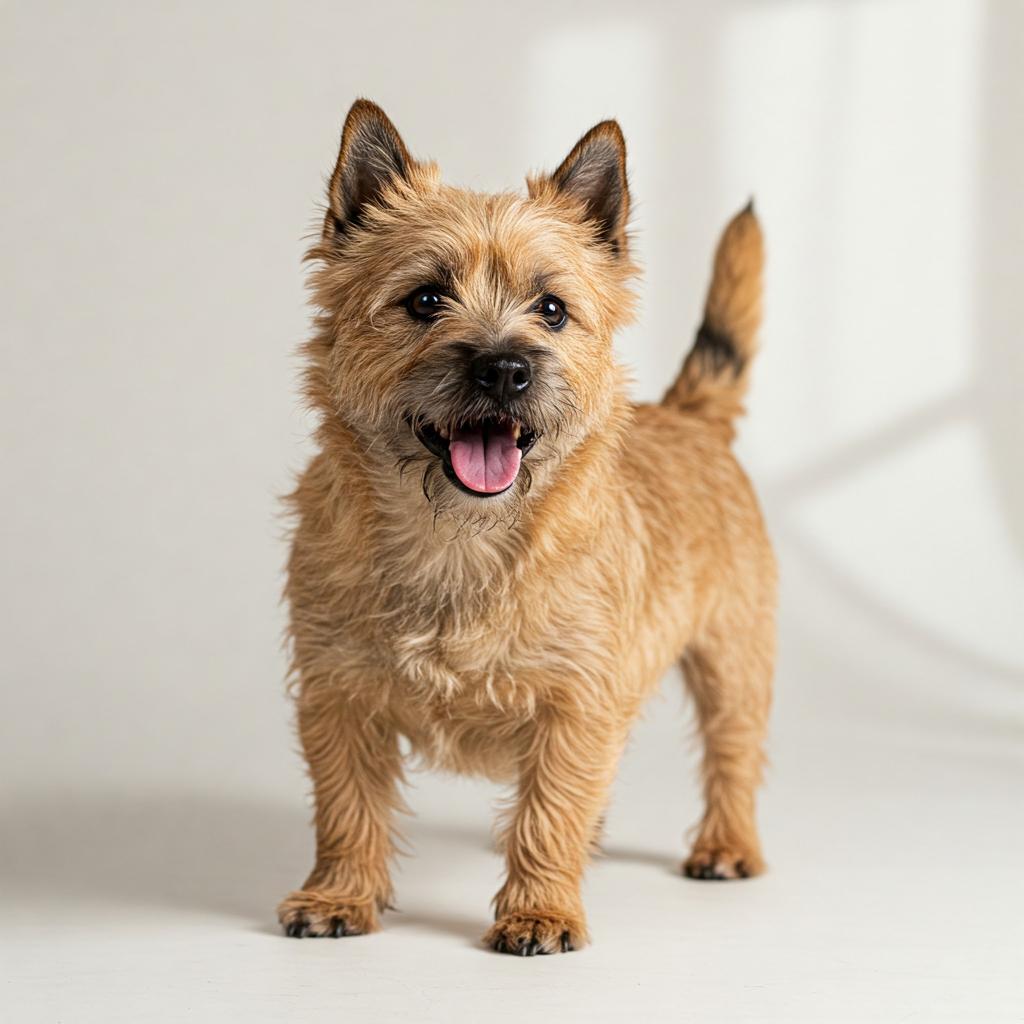 A happy Cairn Terrier with its tongue out, standing on a white background.