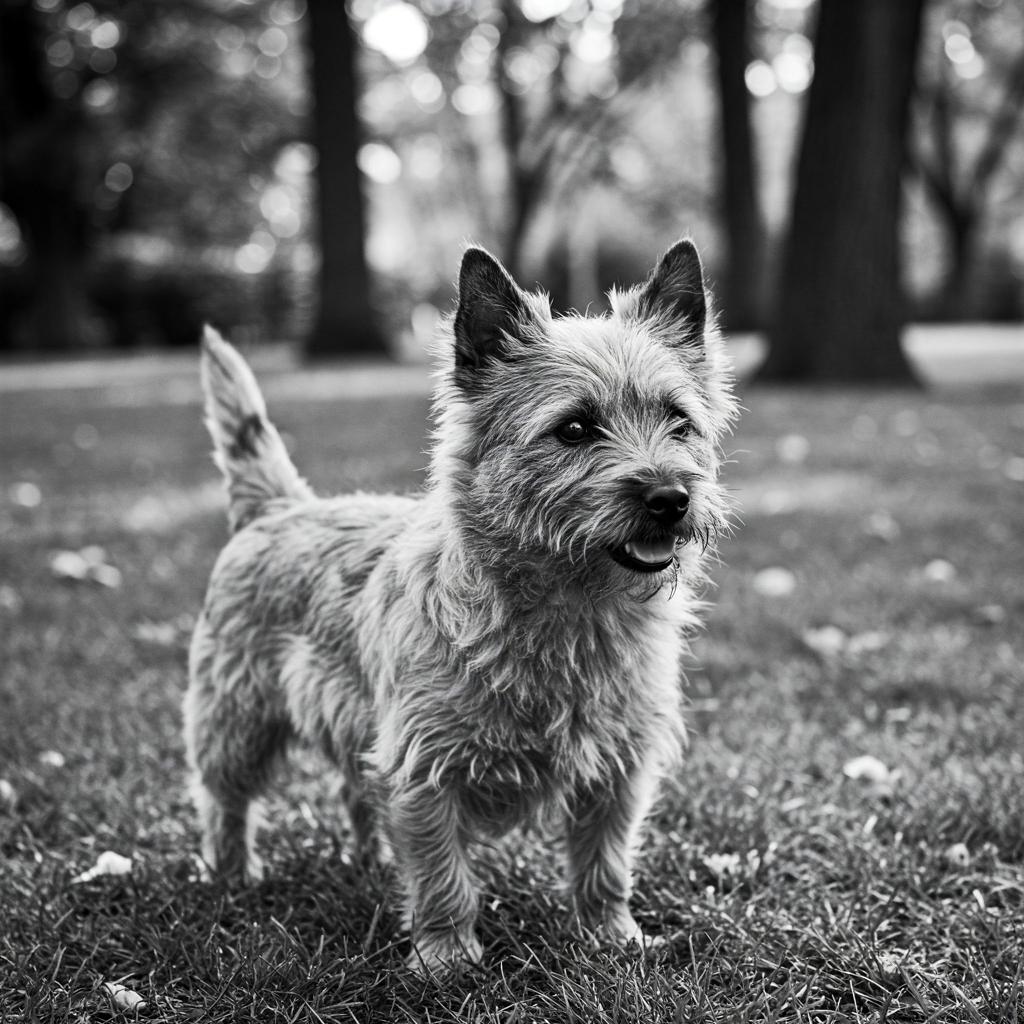 A black and white photo of a Cairn Terrier standing in a grassy area with trees in the background.
