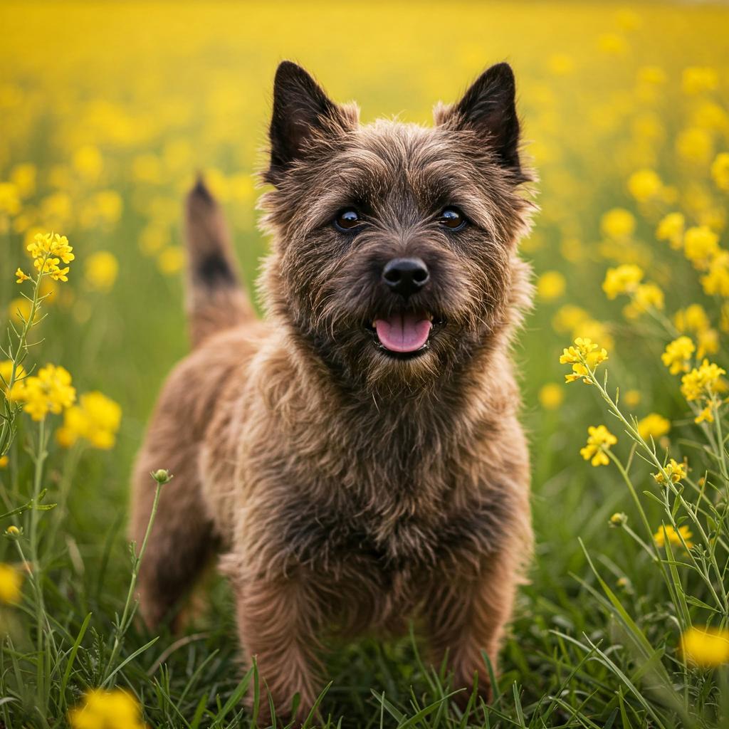 A cute Cairn Terrier sitting on green grass, looking at the camera with its tongue out.