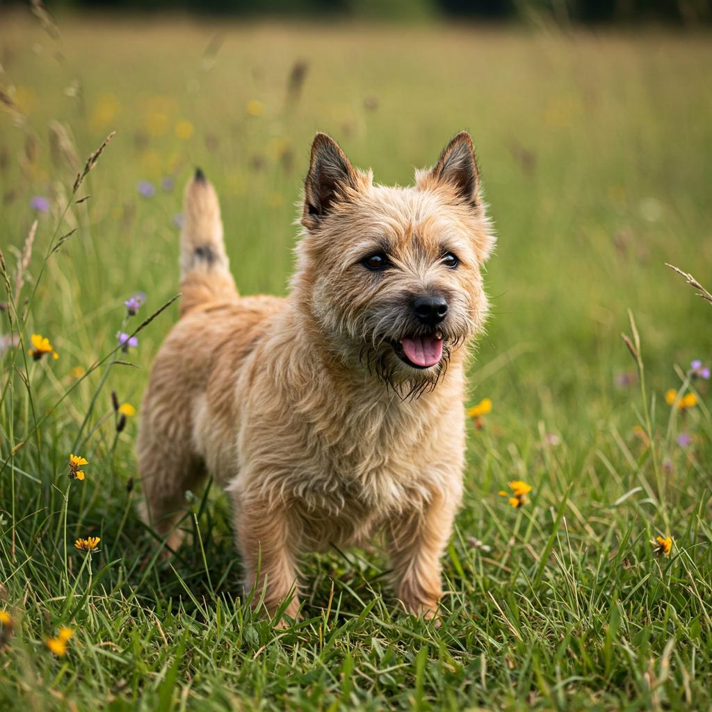 A Cairn Terrier standing in a field of yellow and purple wildflowers.