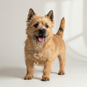 A happy Cairn Terrier with its tongue out, standing on a white background.