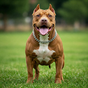 The photograph showcases the dog's muscular physique and expressive face in natural daylight.