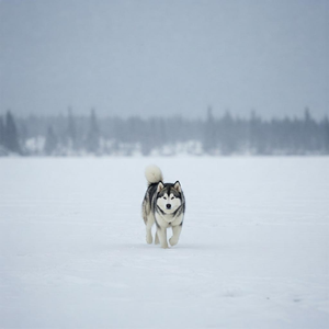A lone Alaskan Malamute is captured in its natural habitat, a vast, snow-covered wilderness.