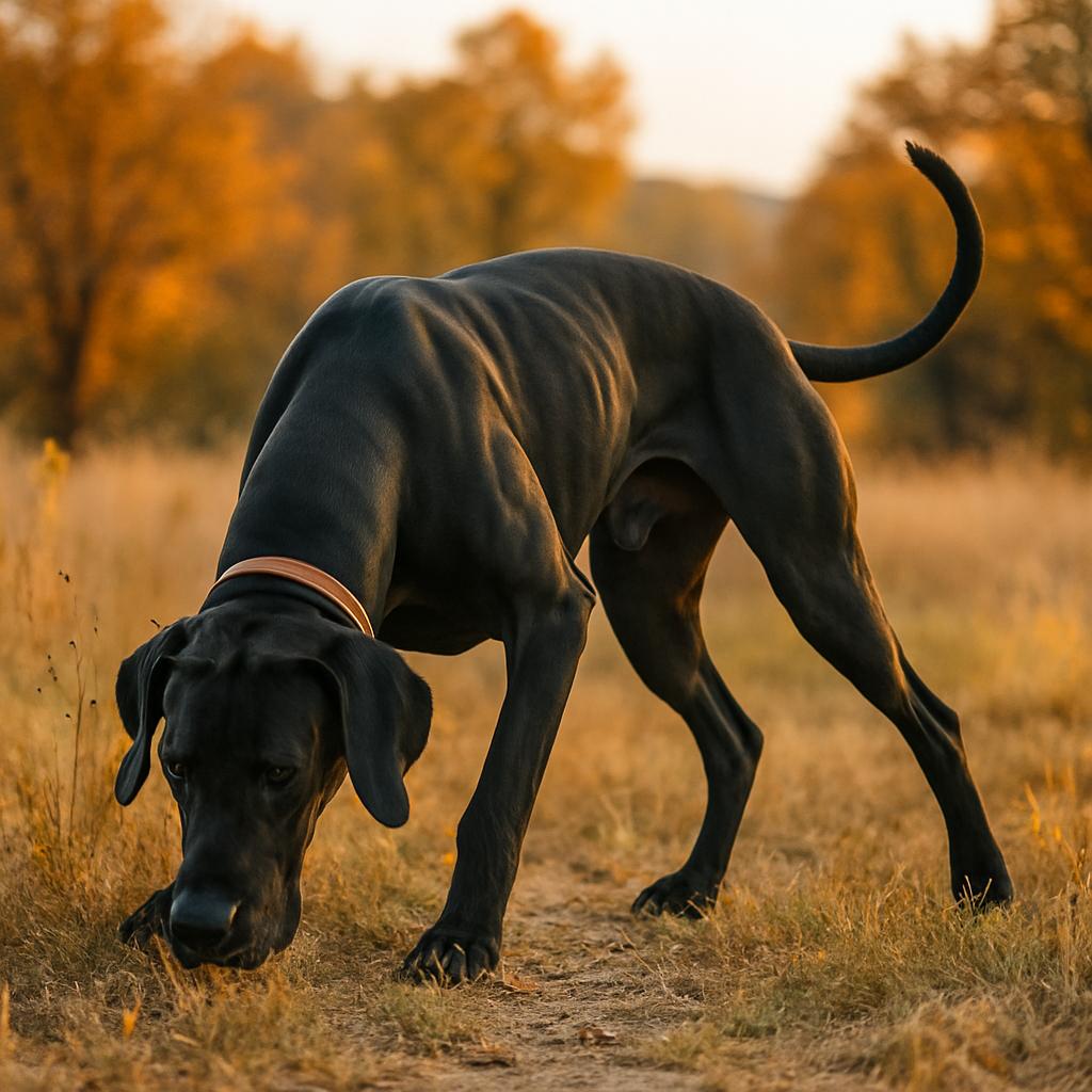 Black Dane sniffing trail through golden autumn field.