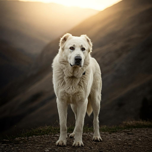A majestic Akbash guard dog stands alert against a dramatic, sun-drenched mountain landscape.