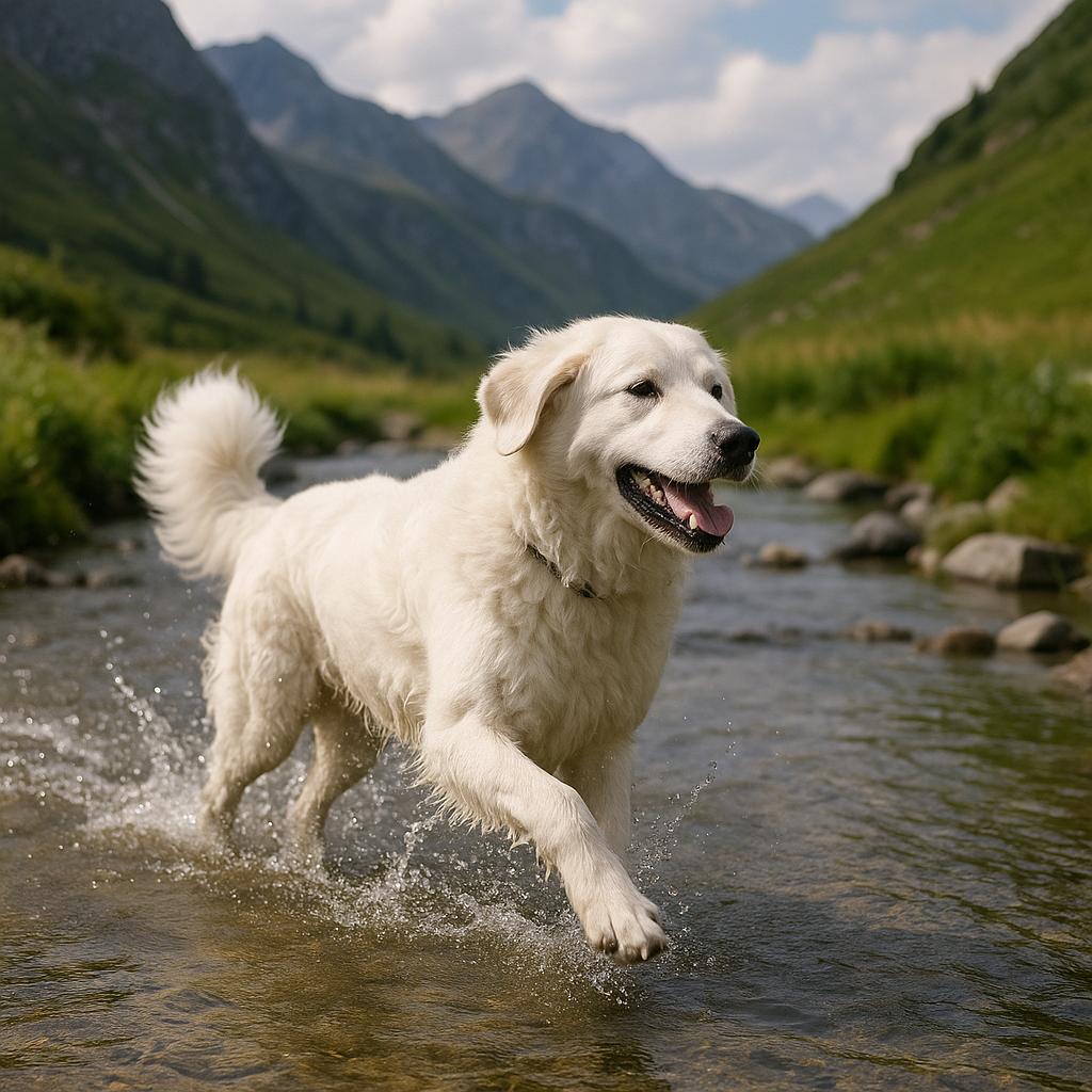 Kuvasz splashes through mountain stream.