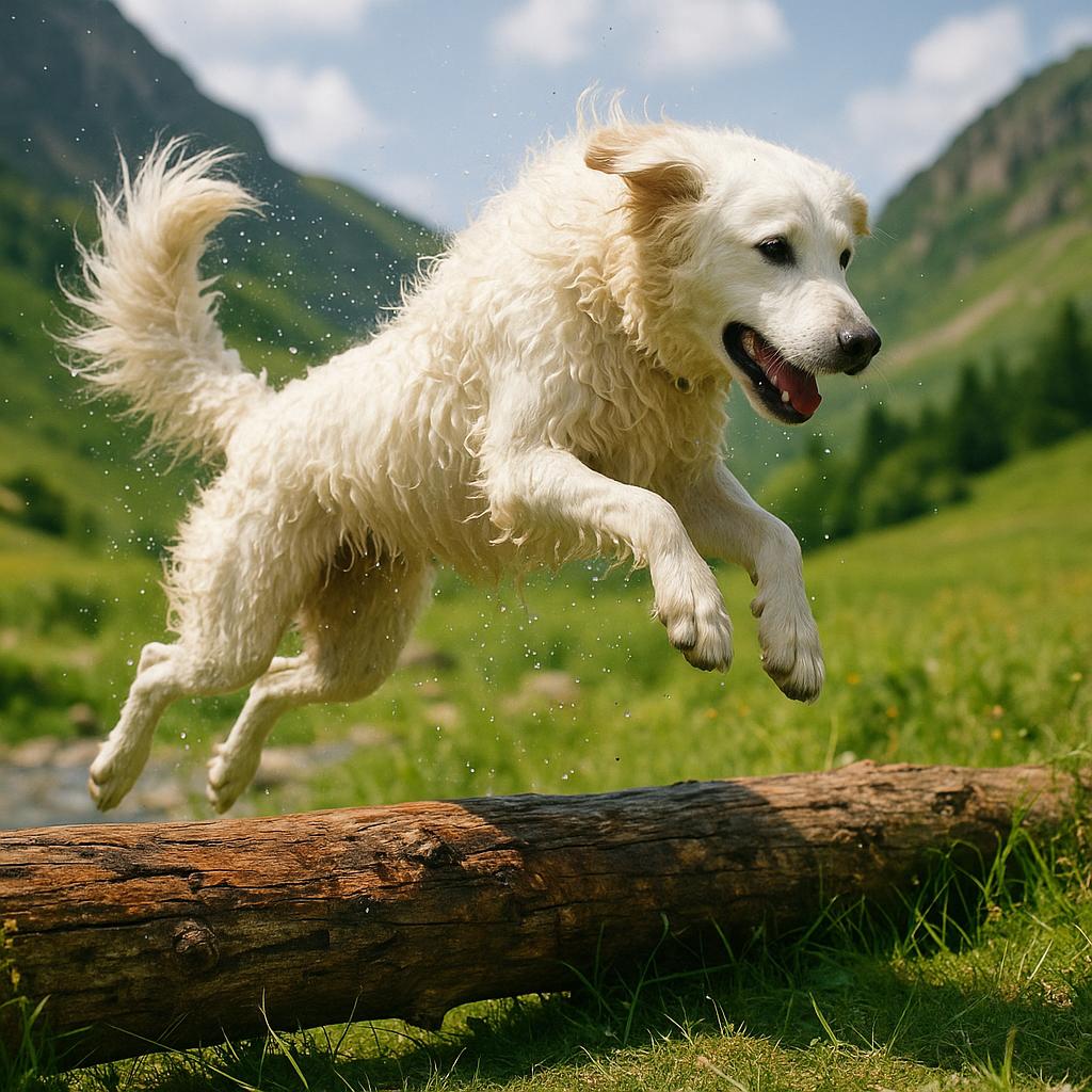 Kuvasz jump happy