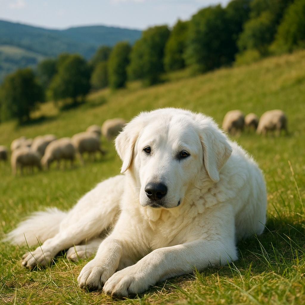 Kuvasz in tranquil grassy repose