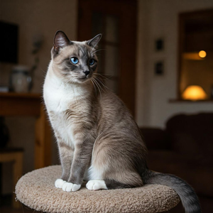 Snowshoe cat with distinctive white paws, sitting gracefully and showing off its unique physical features