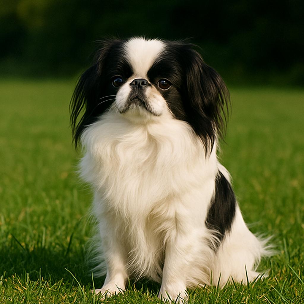 Japanese Chin sitting in field