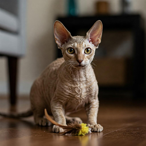 Playful Cornish Rex cat with a curly, short coat, large ears, and an alert expression.