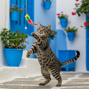 Aegean cat with a playful expression, displaying its agility and friendly personality. The cat’s soft, fluffy coat and bright eyes emphasize its playful and sociable nature, making it a perfect companion for families.