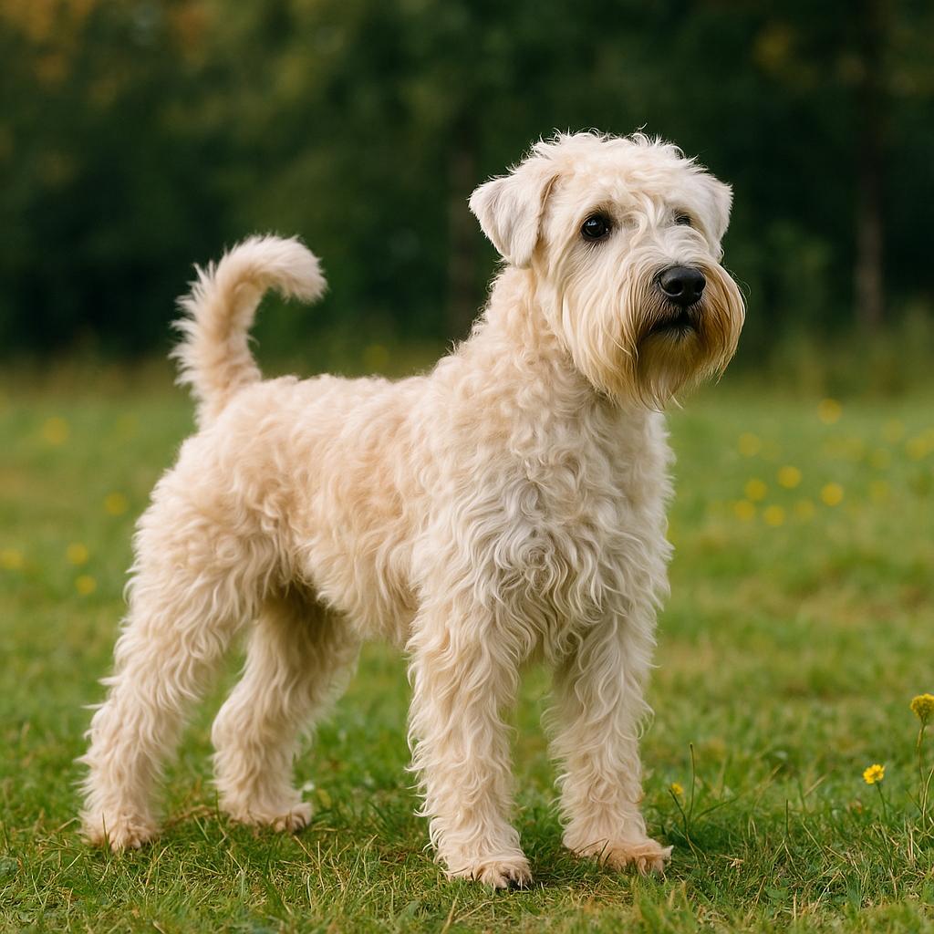 Wheaten terrier standing proud in lush sunlit field.