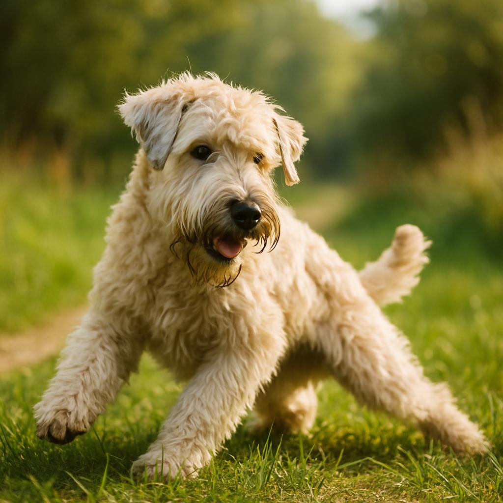 Wheaten terrier crouched in grassy trail, focused forward.