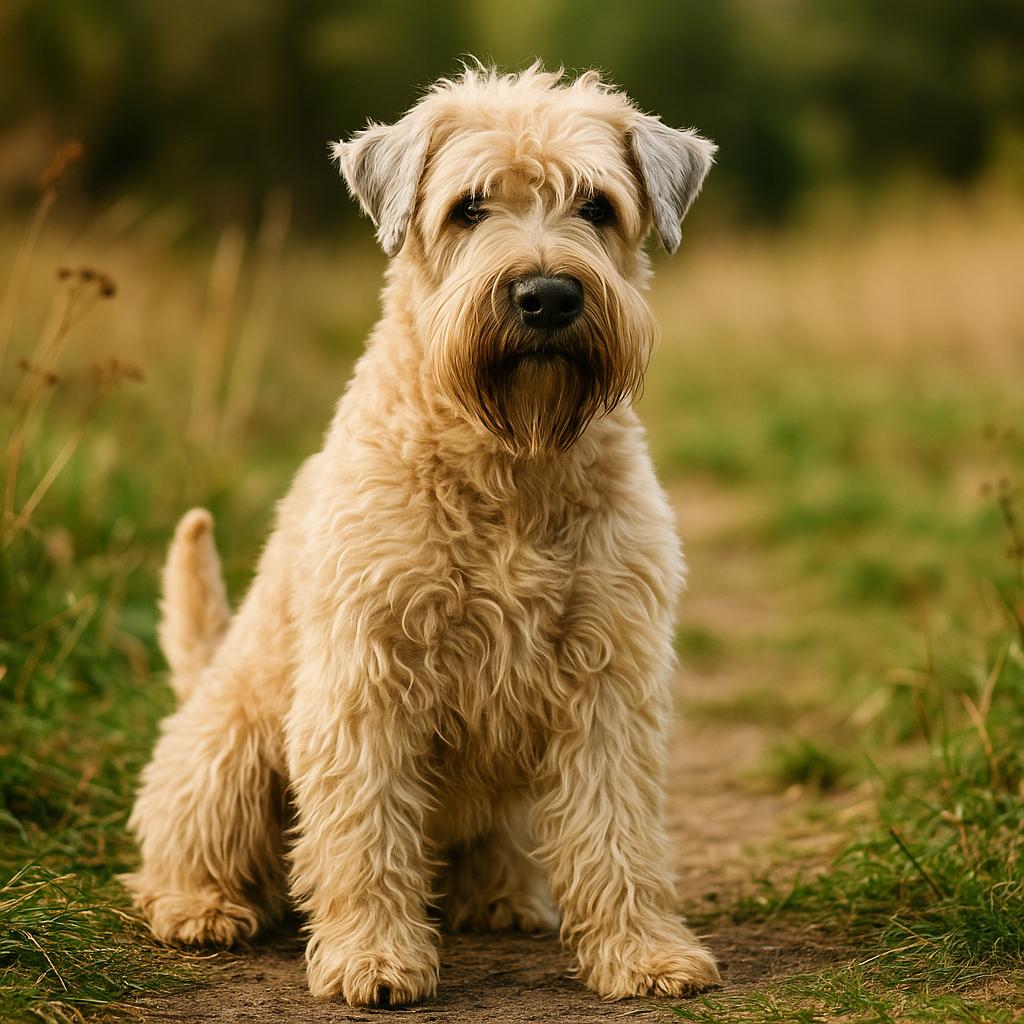 Fluffy terrier mid-leap on leafy woodland trail.