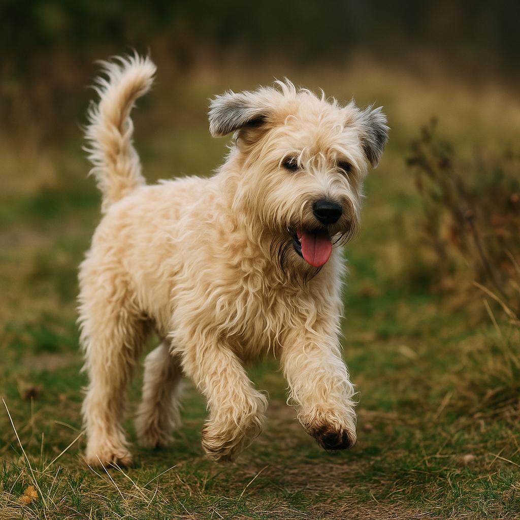 Wheaten terrier resting alert in shaded grassy clearing.