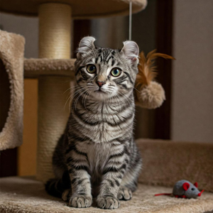 The American Curl cat is a unique and playful breed known for its distinctive curled ears. This charming cat has a friendly and outgoing personality, making it a great companion for families and individuals alike. With its smooth, shiny coat and large, expressive eyes, the American Curl stands out as an adorable and eye-catching pet. Regular grooming is needed to keep their coat healthy, and they thrive in a loving, interactive environment that provides mental stimulation and playtime.