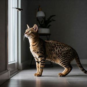 Enigmatic Chausie cat with a wild, athletic appearance and intelligent gaze. Rare and captivating feline.